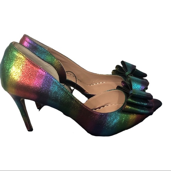 Betsey Johnson Bary metallic iridescent rainbow d’orsay stiletto bow heels sz7.5 - Picture 4 of 16